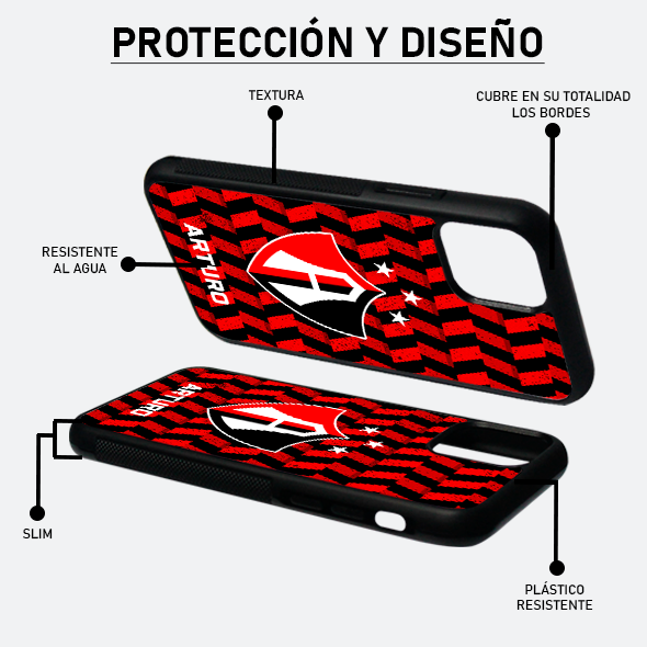 FUNDA PARA CELULAR ESCUDO FONDO ROJINEGRO (PERSONALIZABLE)